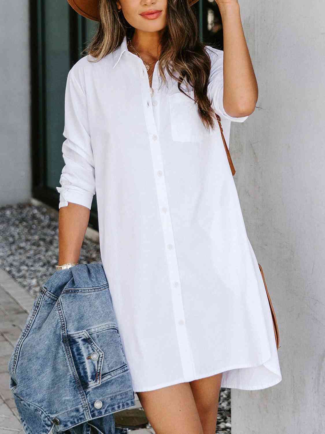 Button Up Collared Neck Long Sleeve Shirt Dress